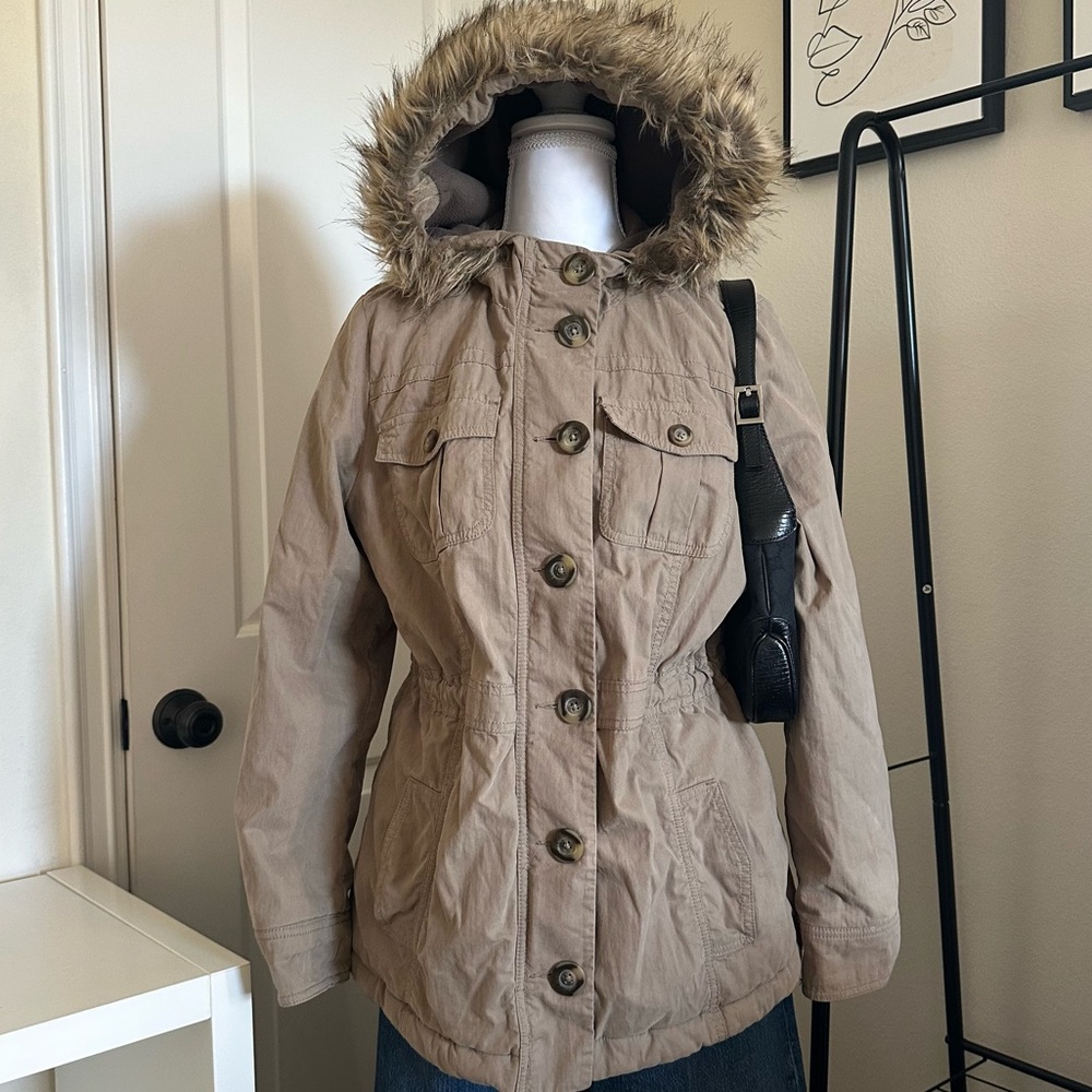 Old Navy Women's Beige Utility Jacket with Faux Fur Hood